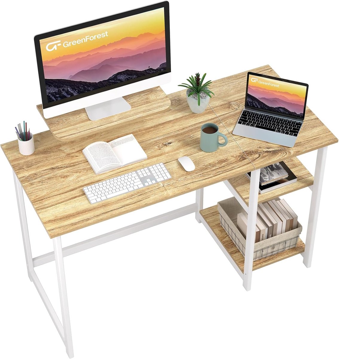 SnelShoppen - Computerbureau met Monitorstandaard 120cm - Ergonomisch Beige Thuiswerkplek Bureau met Omkeerbare Opbergplanken voor Laptop en Gaming -