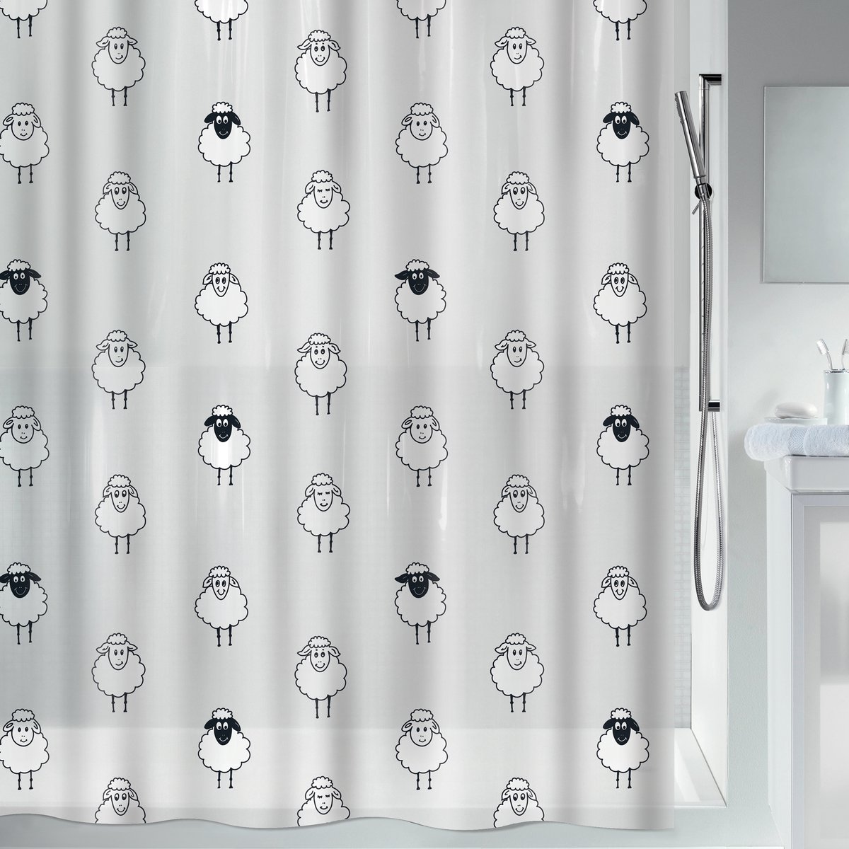 Spirella Douchegordijn met Grappig Schaapjesdesign – Waterdicht Douchegordijn voor een Stijlvolle Badkamer
