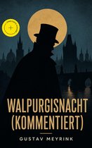 Een silhouet van een man in een hoge hoed en cape staat tegenover een maanverlichte stad met een brug en kerktorens. De titel "WALPURGISNACHT (KOMMENTIERT)" staat groot weergegeven.