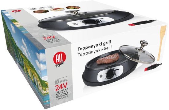 All Ride Teppanyaki Bakplaat 24V - Elektrische Pan met Deksel - Bakplaat Elektrisch Ø26cm - Grillplaat voor Camper en Vrachtwagen - 250W - met Houten Spatel — afbeelding 5