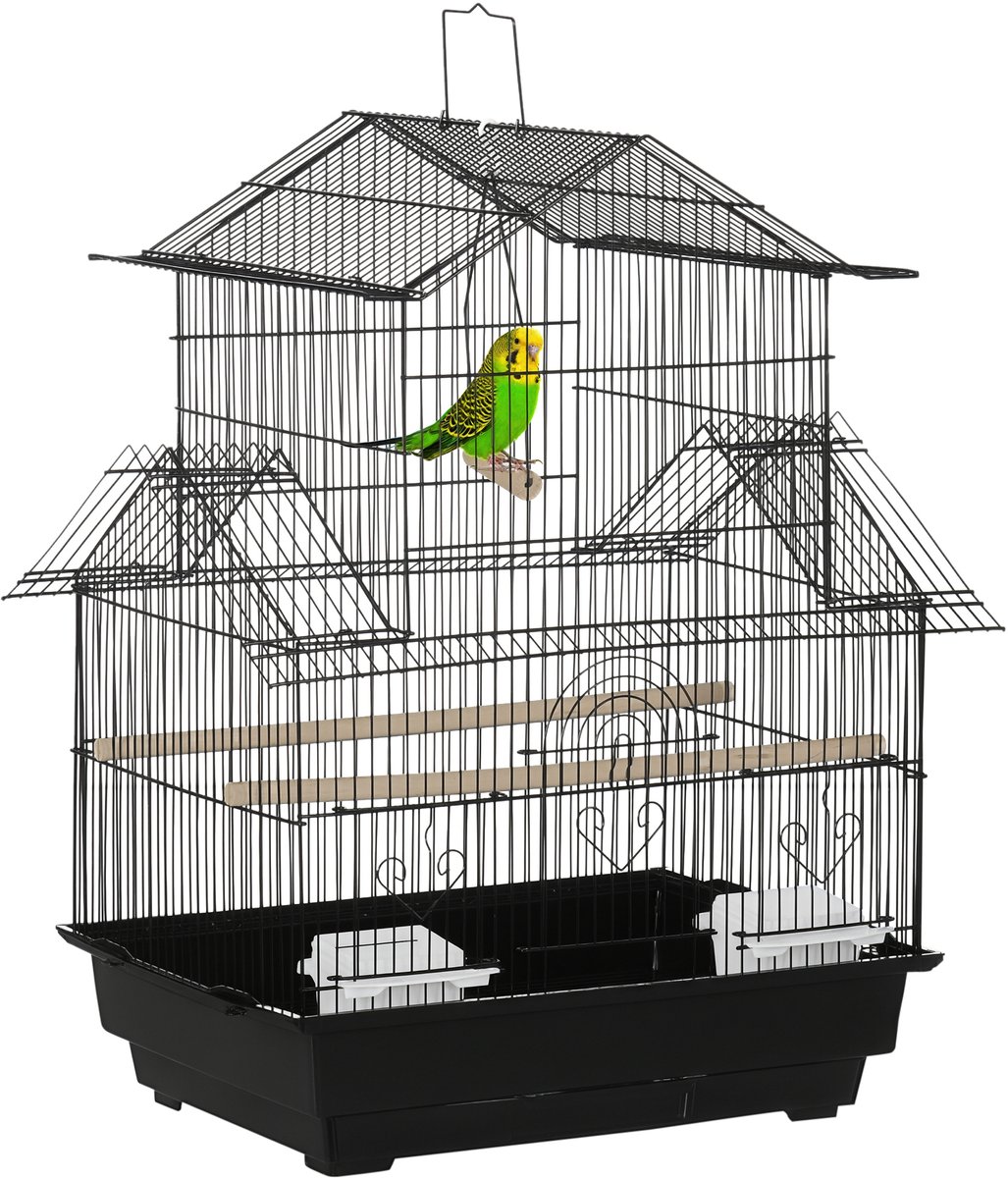 Metalen vogelkooi met voerbak, sta-stok, 3 deurtjes, uitneembare mestbak + draaggreep voor Finch Canary Budgie 50,5 x 41 x 63 cm zwart