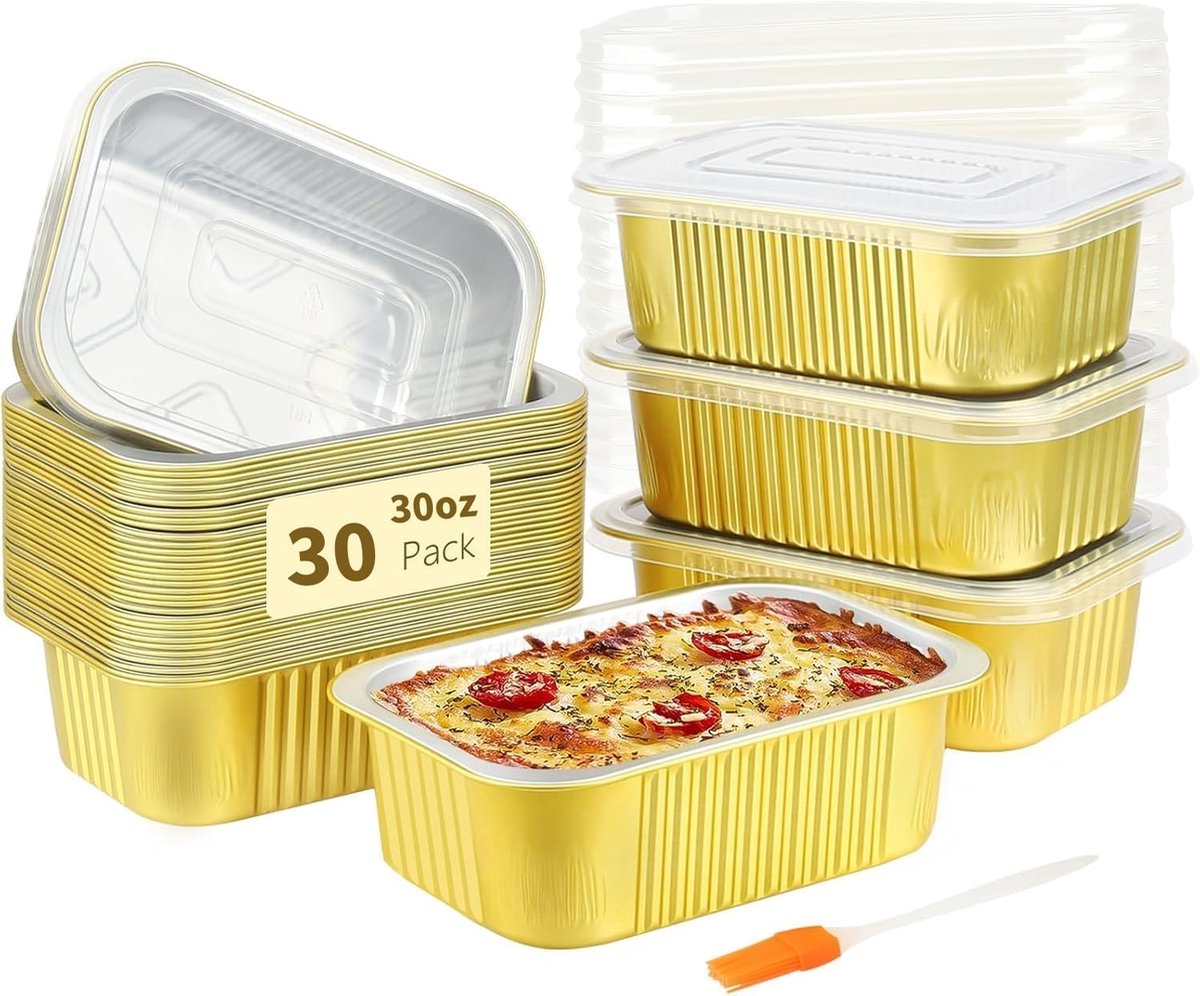 30 stuks kleine aluminium vormen met deksel, 900 ml aluminiumfolie bakvorm restencontainer meeneemhouder mini-bakvormen voor het bakken koken braden voedselbereiding vriezer verwarming