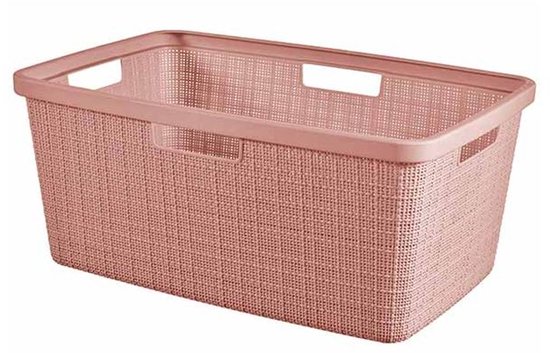 Roze Curver wasmand met handvatten en een gevlochten textuur.