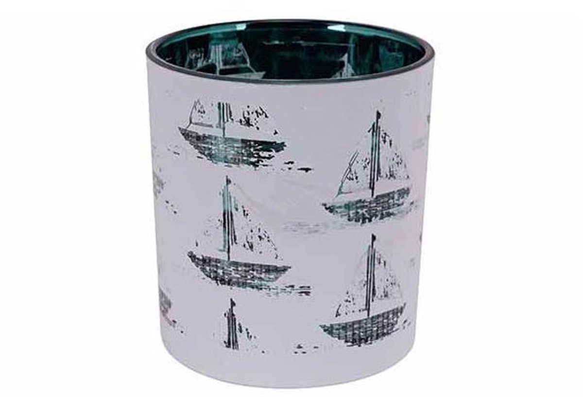 Theelichthouder Boats Wit-groen 7x7xh8cm Glas