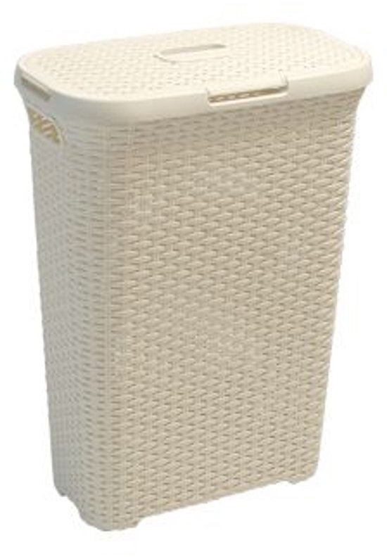 Crèmekleurige wasmand van Curver met deksel, gevlochten textuur en handgrepen.