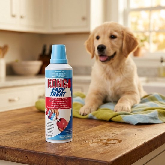 Kong Easy Treat Puppy recept, gevuld met rode appel en pruimen extract, in een witte fles met blauwe dop.