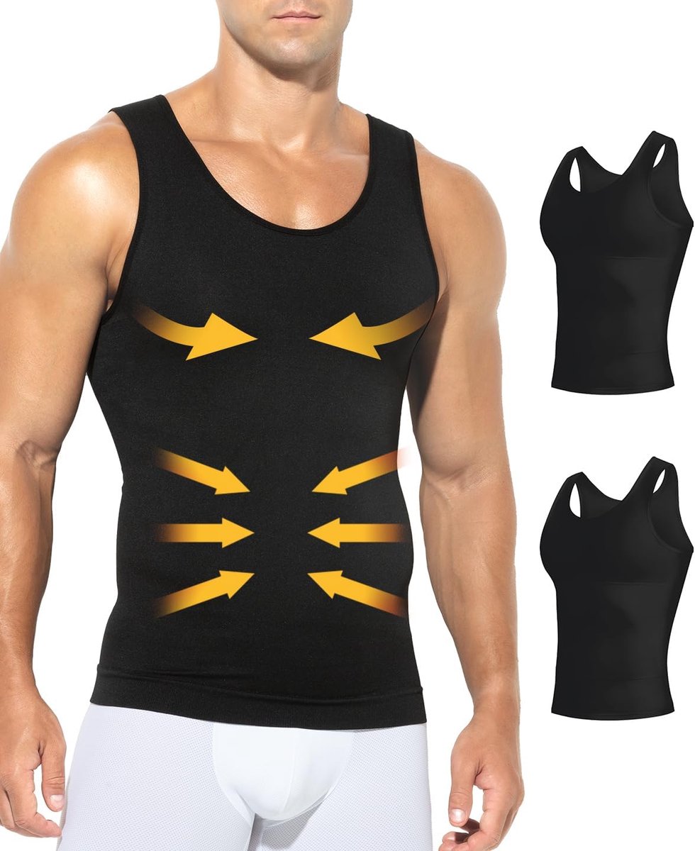 Kevin Shapewear onderhemd voor heren, buikweg-onderhemd, body shaper, compressie-tanktop voor heren, verpakking van 2 stuks, L