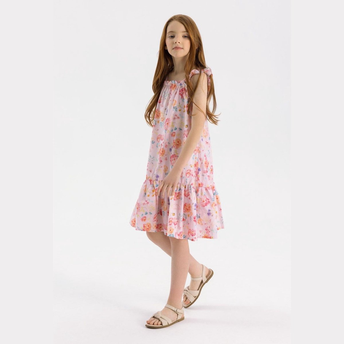 Minoti jurk meisjes bloemen roze - zomerjurk met bandjes en ruches