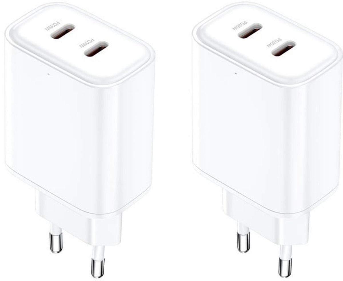 2 stuks OneOne 35W snellader met 2 poorten. USB C en USB C poort. Witte PD lader. Oplader adapter past op JBL Endurance Peak II, Flip 5 / 6, Free 2, GO 3, Jr310BT, LIVE Flex / Free NC + / Pro 2 / Pro_300TWS