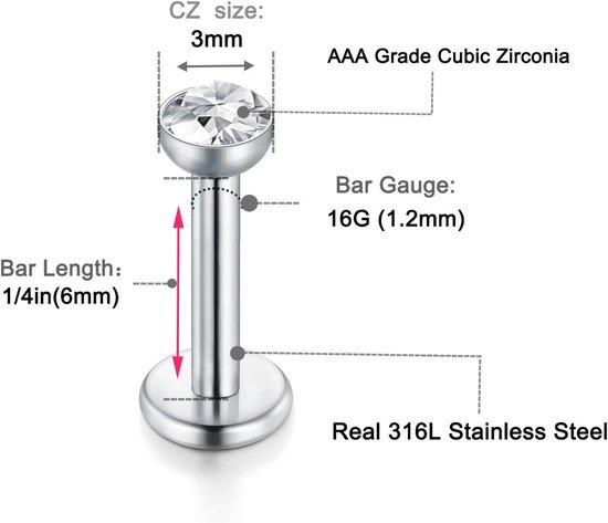 vcmart 15 stuks lippiercing labret stekers set zilver chirurgisch staal helix tragus monroe piercing 6/8/10 mm, chirurgisch staal, zonder steen, — afbeelding 3