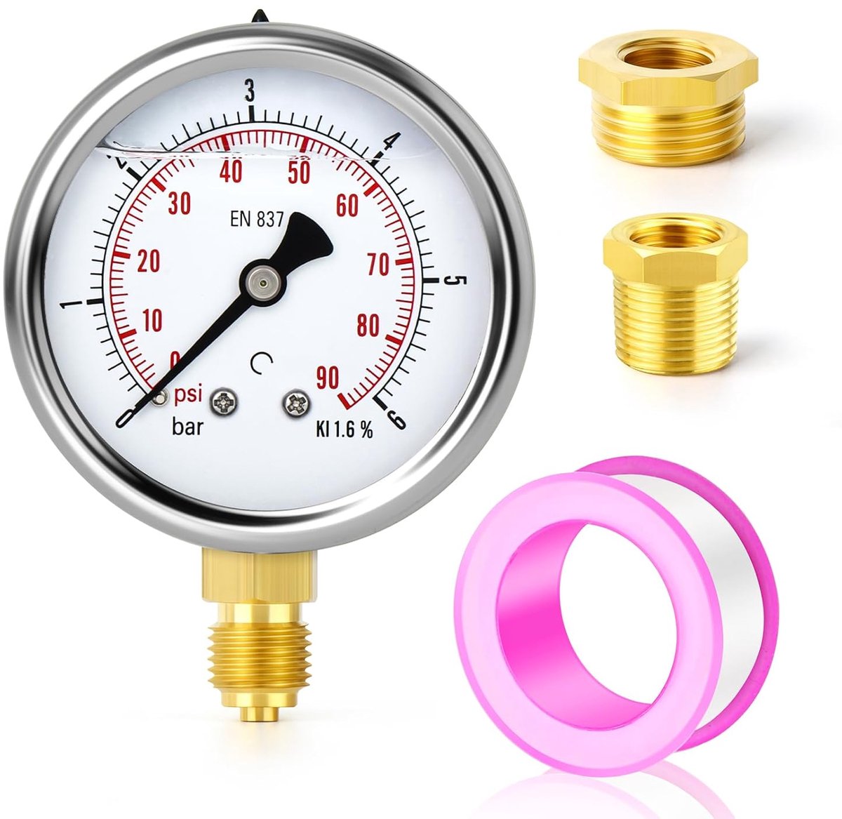 0-6 bar/0-90 PSI 2,5 inch BSP roestvrijstalen manometer met vloeistofgevulde wijzerplaat, onderste montage met messing zeskantdoppen