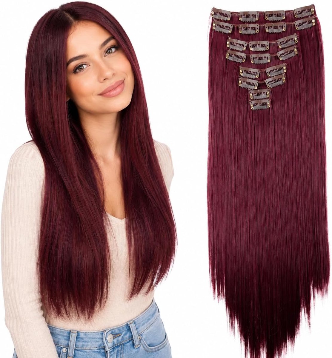 XXL 50cm 8 Delige Set CLIP IN EXTENSIONS Haarextensies Haarstukje Glad Bordeaux CES117