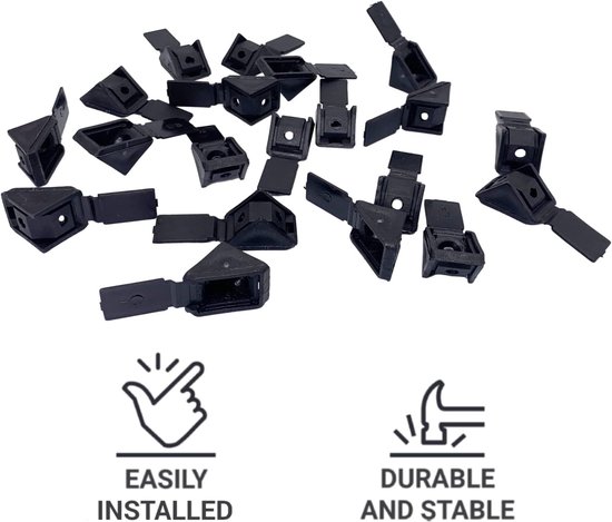 (Pack van 100 stuks) Zwarte plankbeugels 20 x 20 mm, Meubelhoekverbindingen, 90 graden kunststof hoekbeugelverbinding, rechte hoek, schroeven inbegrepen (100, zwart) — afbeelding 2