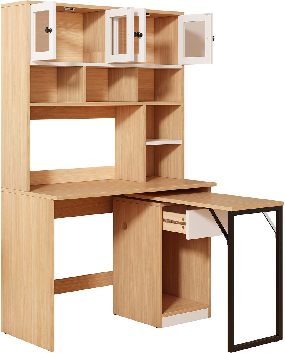 Bureau - Arbeidstafel Met Draaibaar Extra Blad Kast - Hout En Wit