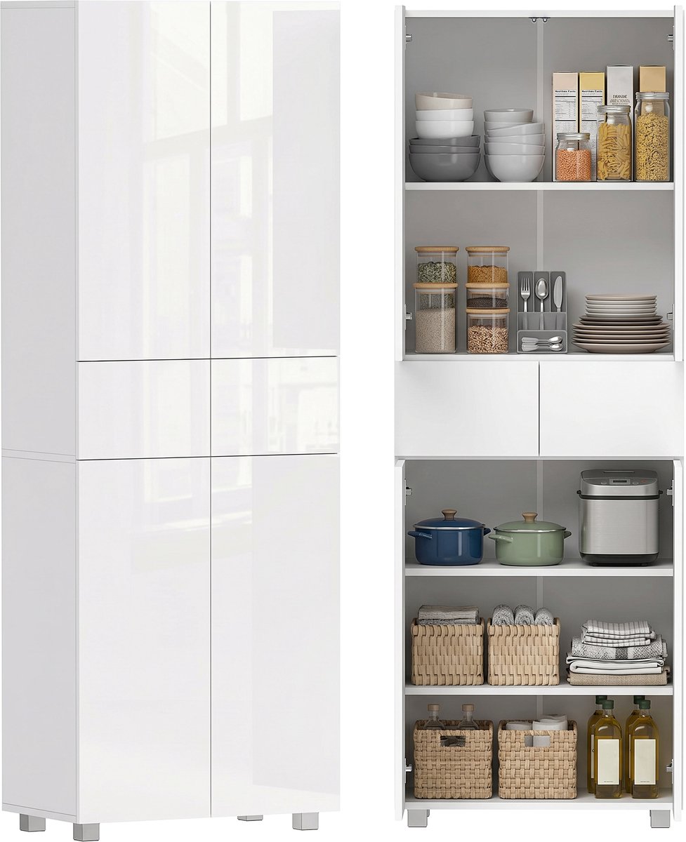 Keukenkast hoge kast multifunctionele kast badkamerkast keukenbuffet met 4 deuren, verstelbare legplanken, buffetkast hoge keukenkast voor woonkamer keuken badkamer 60L x 35l x 170H cm, Wit, gelakt