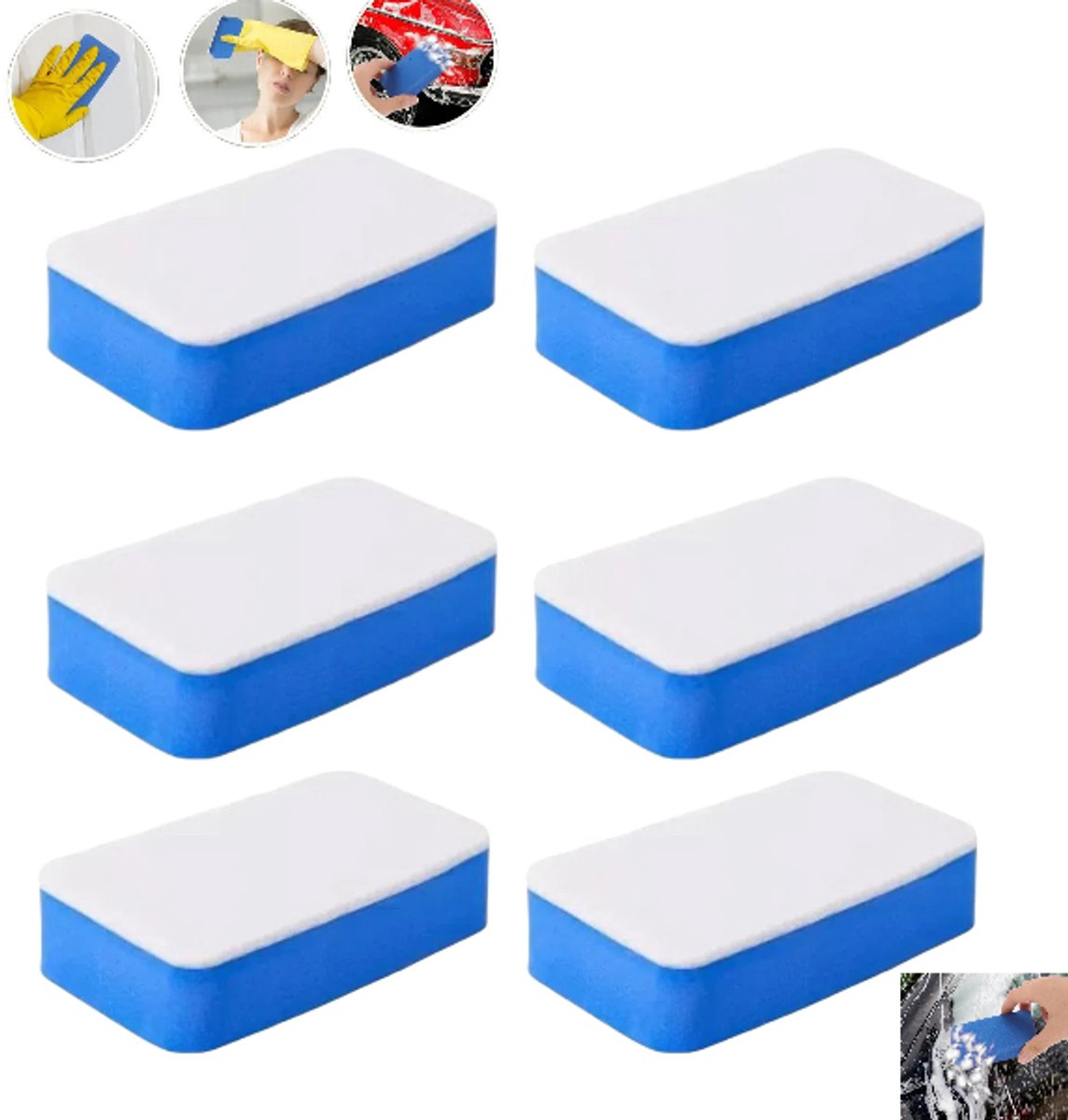 6 stuks- EVA-vilt sponsgum - Spons voor het verwijderen van oliefilm - Raamspons - Spons voor het reinigen van oliefilm op glas - Praktische poets- en afveegspons - Blauw en wit - 9*5*2,5 cm - Geschikt voor het waxen, polijsten en reinigen van auto's