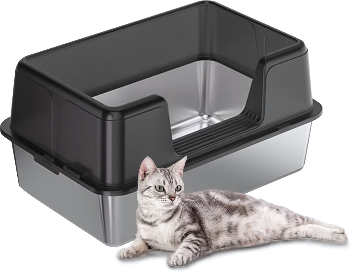 RVS Kattenbak met Deksel - 60cm - Hoge Zijkanten & Spatwaterdicht - Voor Grote & Kleine Katten
