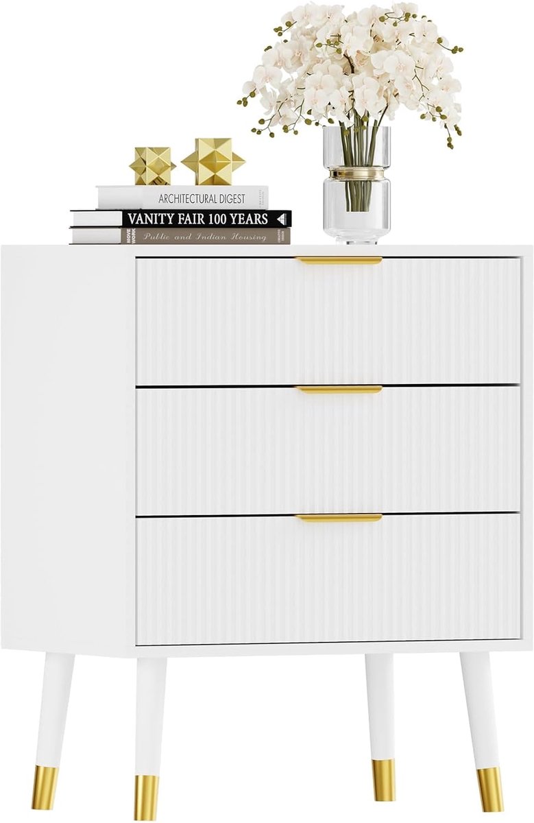 Moderne Ladekast met 3 Lades - Wit Nachtkastje met Geribbelde Structuur - Houten Bijzetkast met Metalen Poten - Smal Dressoir voor Slaapkamer, Woonkamer en Kantoor - 60x39x72 cm