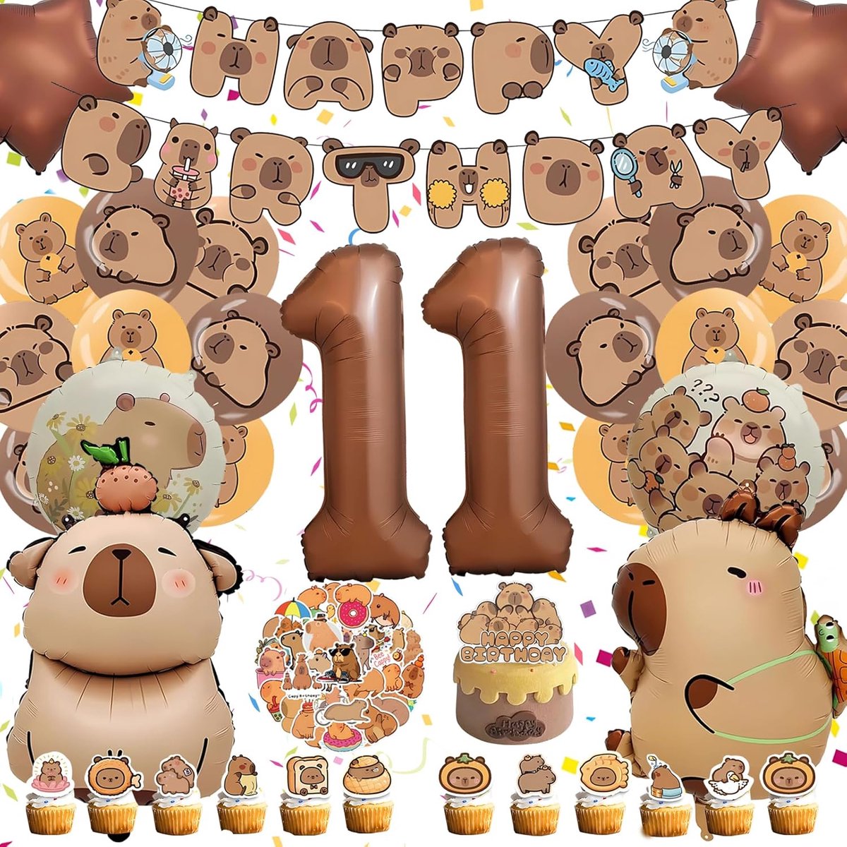 Verjaardagsdecoratie 11 Jaar, Cijferballon 32 Inch | Cijferballon 11 van 32 inch, Capybara ballonnen, bruine latexballonnen, stickers en taarttoppers