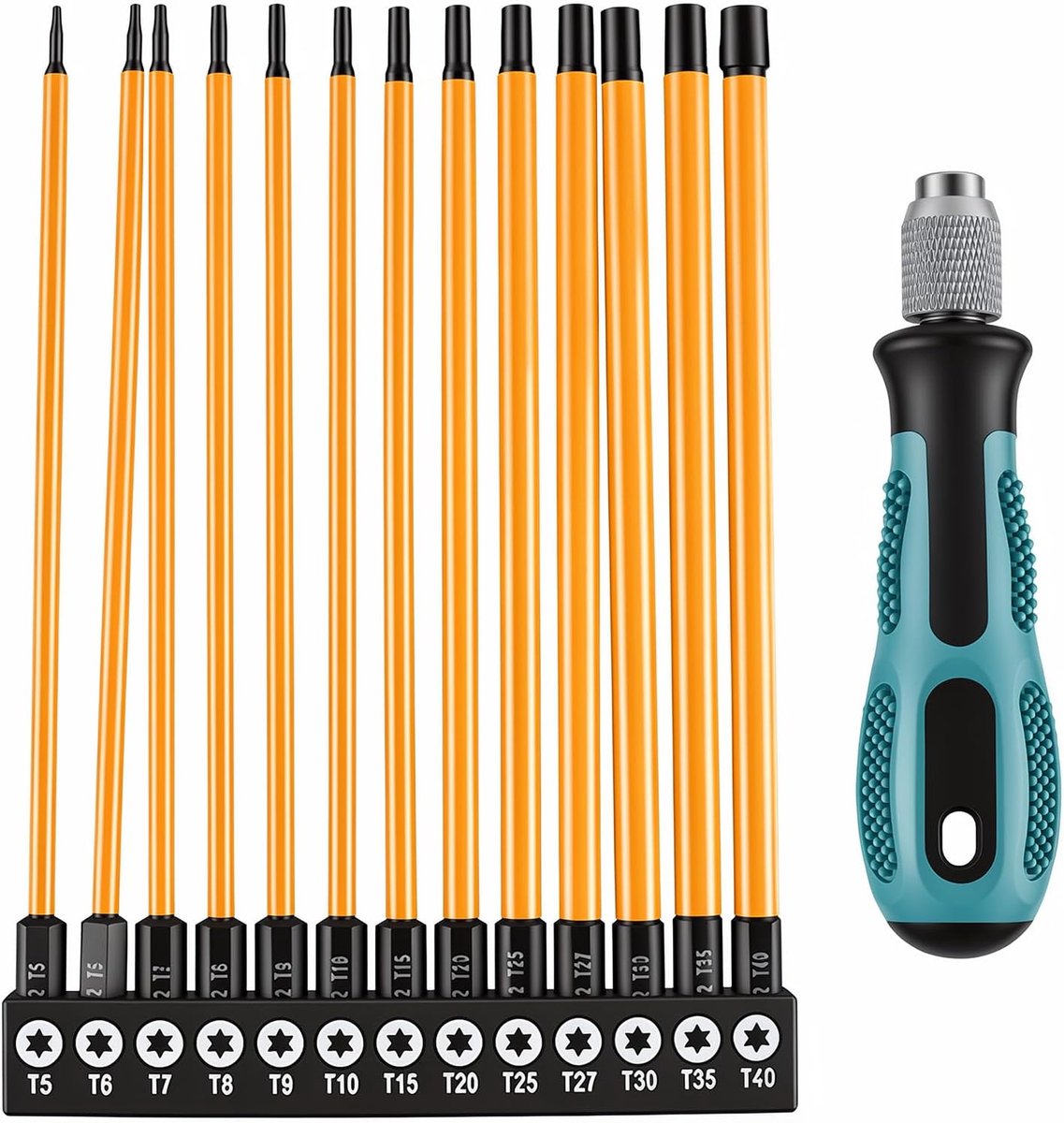 14-delig Torx schroevendraaierset lang, 150 mm Torx bitset lang met opbergopening, met handgreep, magnetisch T5-T40, 1/4 zeshoekige schacht voor accuschroevendraaiers