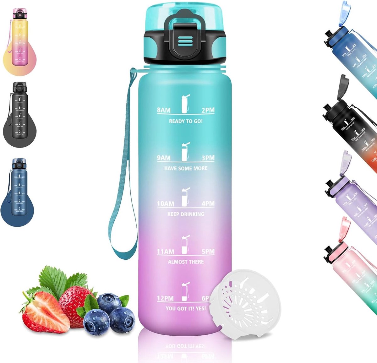 1 liter, motiverende waterfles zonder lekkage, sportfles met tijdschaal, gemakkelijk te reinigen, drinkflessen voor hardlopen, wandelen, yoga, fietsen, groen-roze