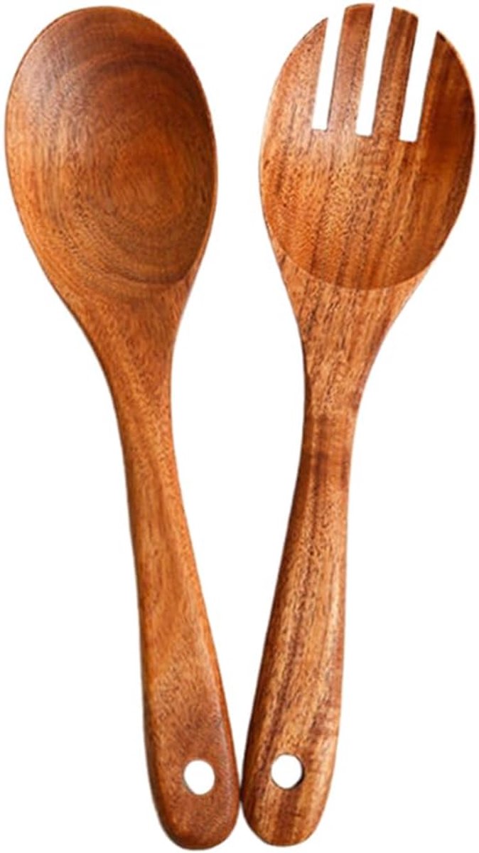 Saladebestek van hout, 2 stuks, slalepel, slavork, lange handgreep, rustiek servies, keukengerei, keuken, roeren voor salade, pasta, fruit