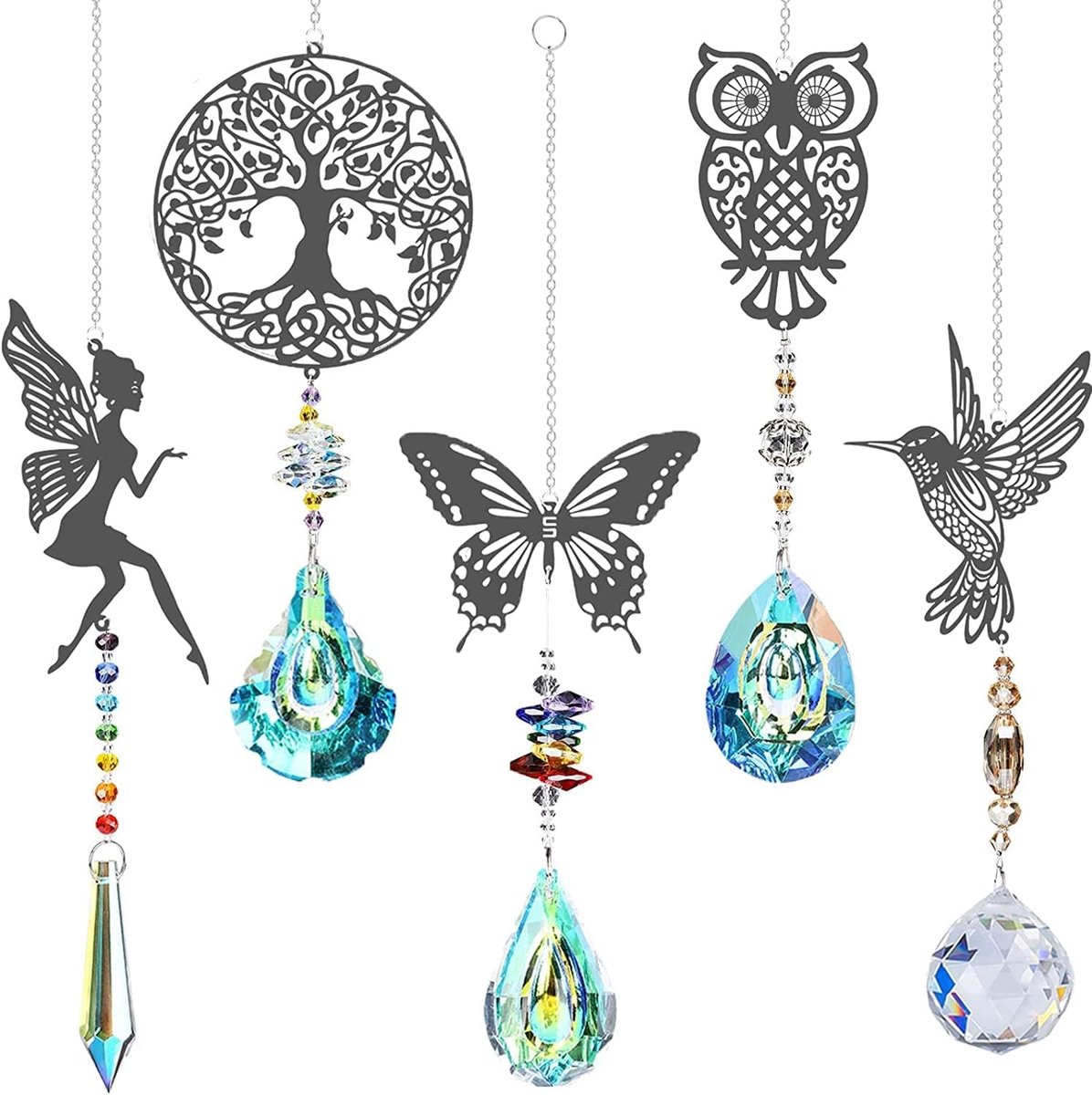 Zonnevanger kristal windgong, 5 stuks boom uilen kolibrie vlinder fee hanger