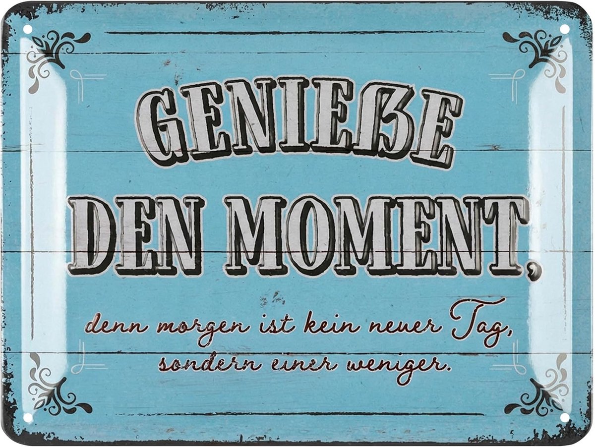 Retro metalen bord GENIEET HET MOMENT, vintage metalen borden met spreuken, shabby chic decoratie keuken en tuin, grappige borden van metaal 15x20cm