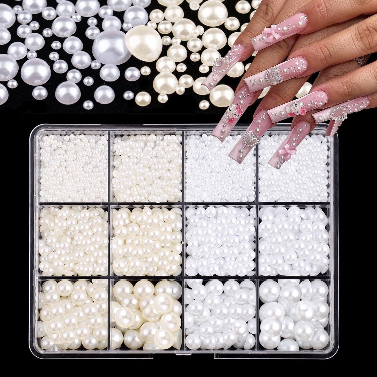 Art Kaviaarkralen voor nagels, 2/3/4/5/6/8/10 mm, halfrond, wit, beige, mini-nagelkralen, microkralen, decoratie voor nagels