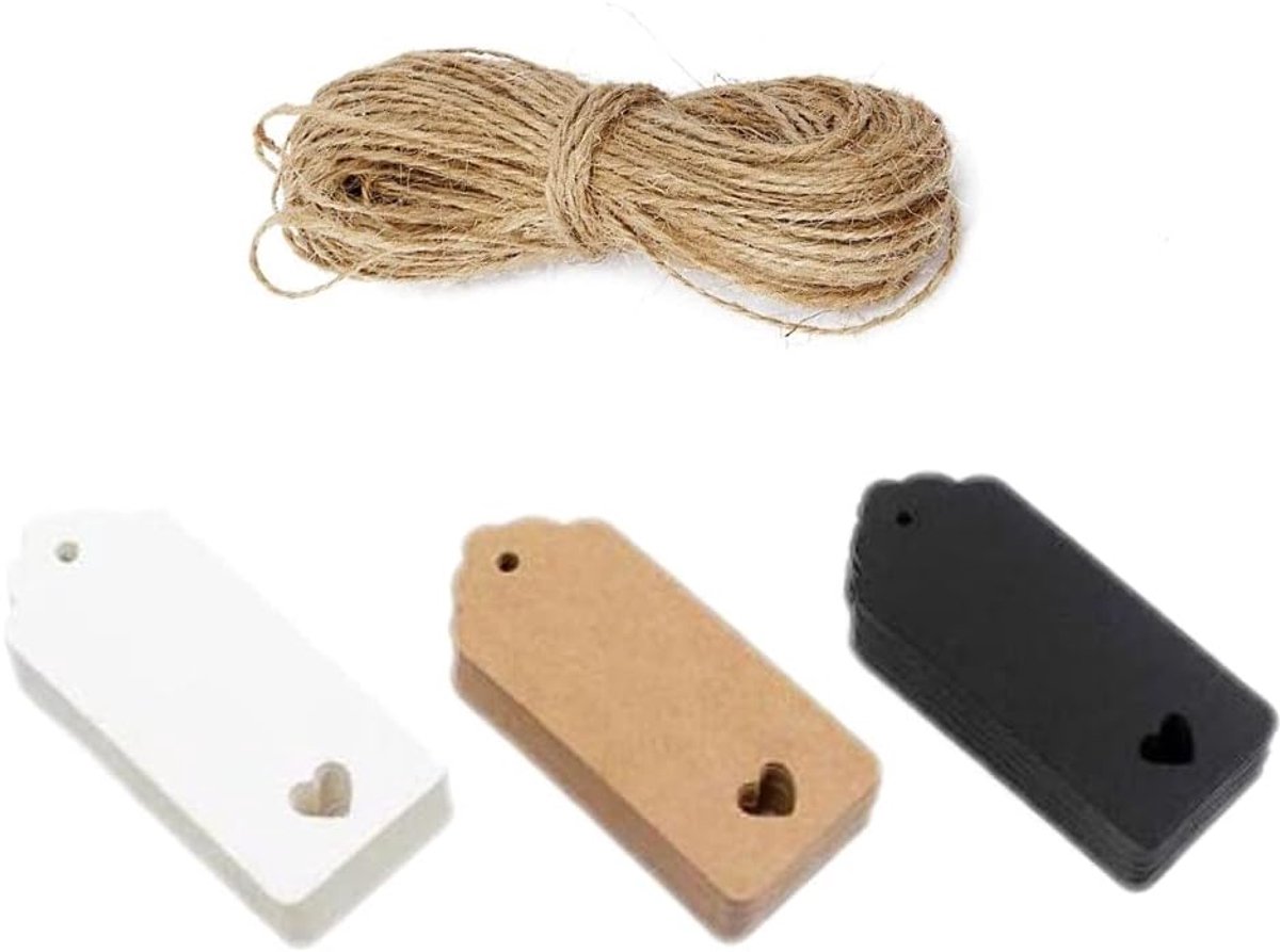 Kraftpapier-tags, bruine, witte en zwarte cadeaukaartjes, 4 x 9 cm afgeronde holle kraftpapier-kaarten met liefdeshart en 10 m natuurlijk jutetouw