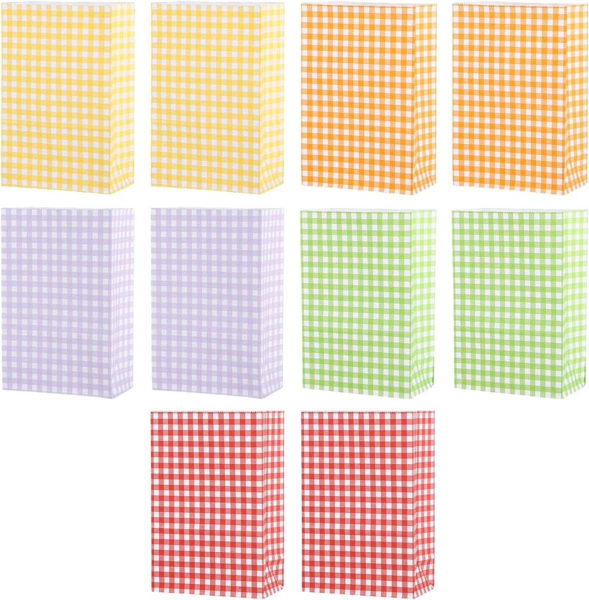 10 stuks kraftzakjes, 23 x 15 x 8 cm, geruit | Kleine geschenkzakjes, geschenkzakjes voor giveaways, verjaardag, snoep (oranje/rood/geel/groen/paars, elk 2 stuks)