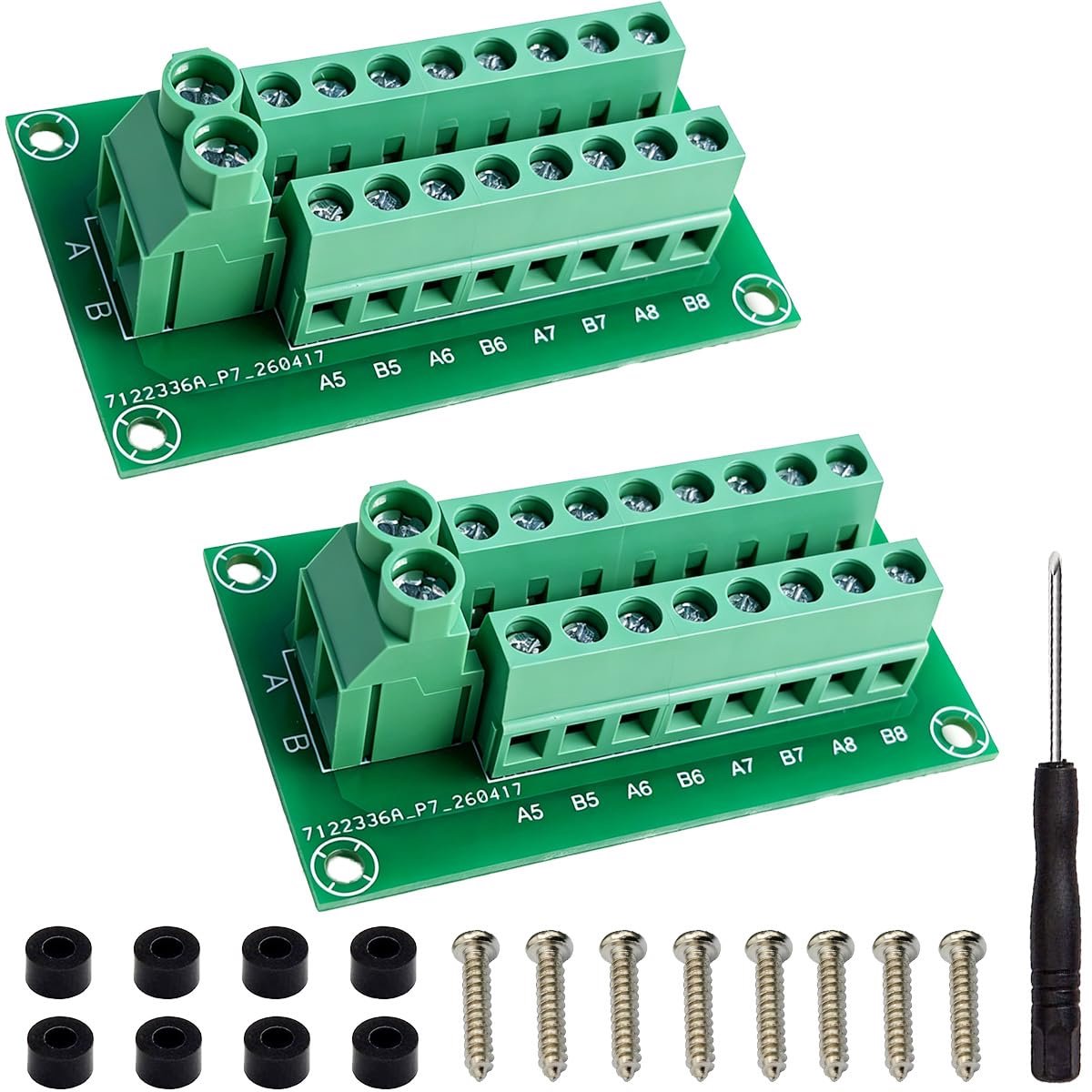 2 stuks stroomverdelerbord 2 x 8-polige klemstrip AC/DC 300 V, 10 A, AWG 16-24, eenkanaals ingang met moersleutel, schroeven en nylon afstandhouders