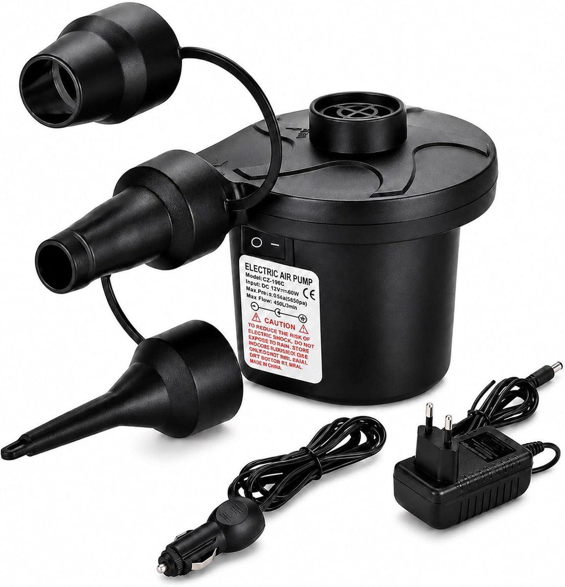 Elektrische luchtpomp, luchtpomp voor luchtmatras, 2-in-1 elektrische pomp | Draagbare elektrische luchtpomp met 3 sproeiers voor matras, zwembad, luchtmatras, boot, zwemring