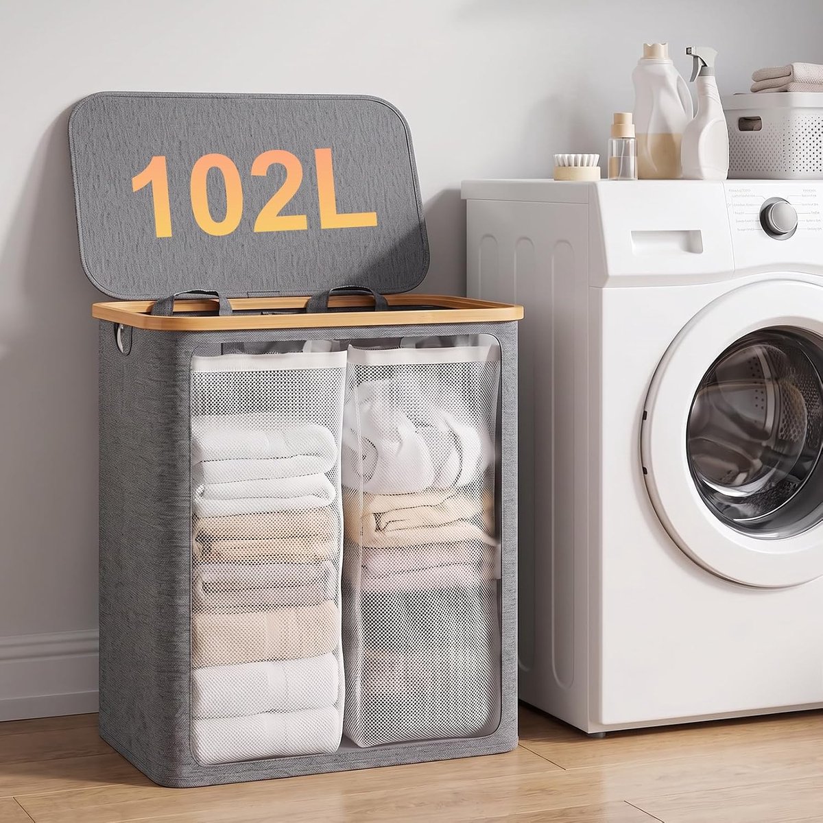 Opvouwbare wasmand 102 l met deksel en 2 vakken (grijs) | Wasmand met 2 afneembare waszakken en handgrepen, voor het ordelijk sorteren van vuile was, van bamboe en Oxford-stof