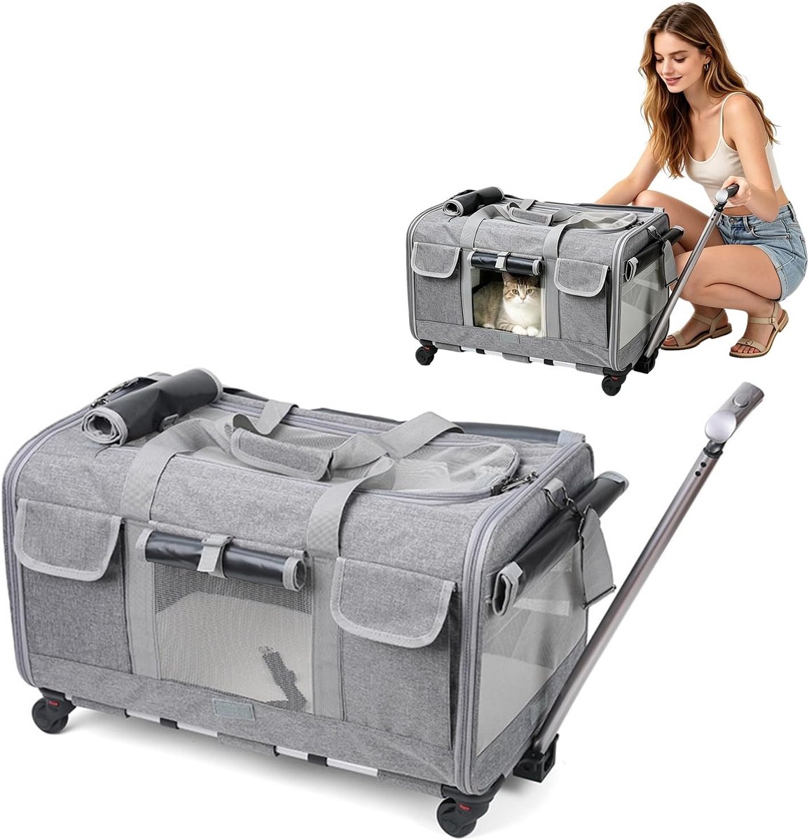Transportbox voor katten en honden met wielen, draagbare reistas voor huisdieren met telescoopgreep, ademend, opvouwbaar, transportbox voor honden met geïntegreerde veiligheidsgordel