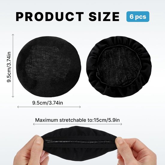 6 stuks Hoofdtelefoonhoezen Zwart, Rekbaar, Wasbaar, Ademende en Zachte Polyester Bescherming voor Oorkussens van 6 tot 7,5 cm — afbeelding 5