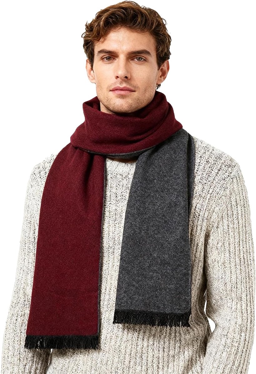 Herfst Heren Gebreide Sjaal Wol Gebreide Plaid Sjaal Zakelijk Casual gentleman Sjaals 180 x 30 cm, Ws016-add-dual sided/greyred2, One Size