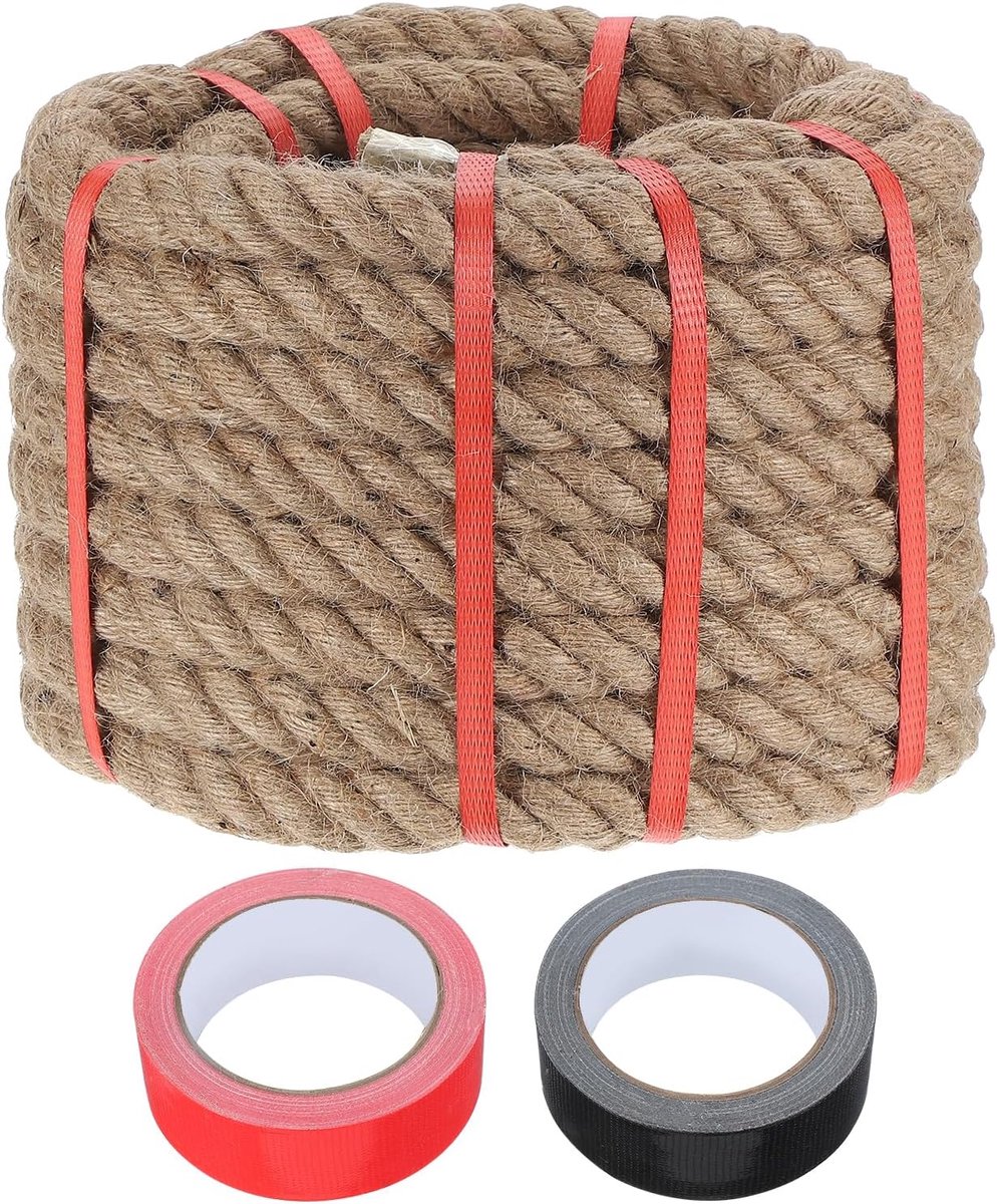 Jute touw, 2,5 cm x 10,1 m, zwaar natuurlijk dik gevlochten touw met 2 rollen linten voor kunsthandwerk, leuningen, banken, touwtrekken, bootschommels, landschapsarchitectuur