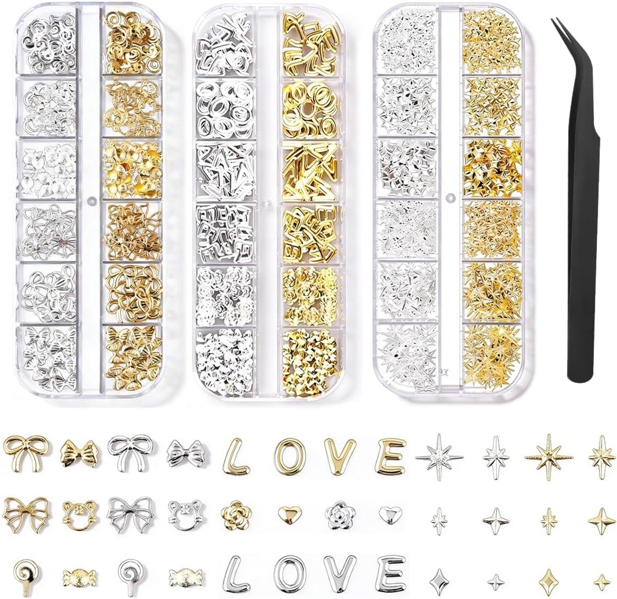 3 stuks nagelbedels, doosjes nagelbedels, bedels, nagels, goud-zilver, sterstrikken, parels, nagelsieraden, nagelstenen, set met pincet, nails art bedels voor vrouwen, nageldesign, accessoires