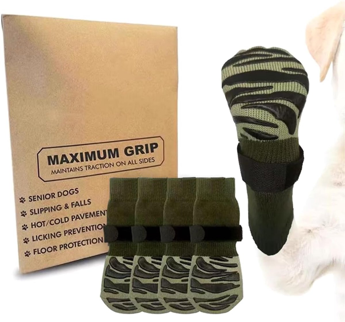 4 stuks pootbeschermers voor honden, robuust, antislip, van antislip rubber met verstelbare riemen voor binnen en buiten, (L)