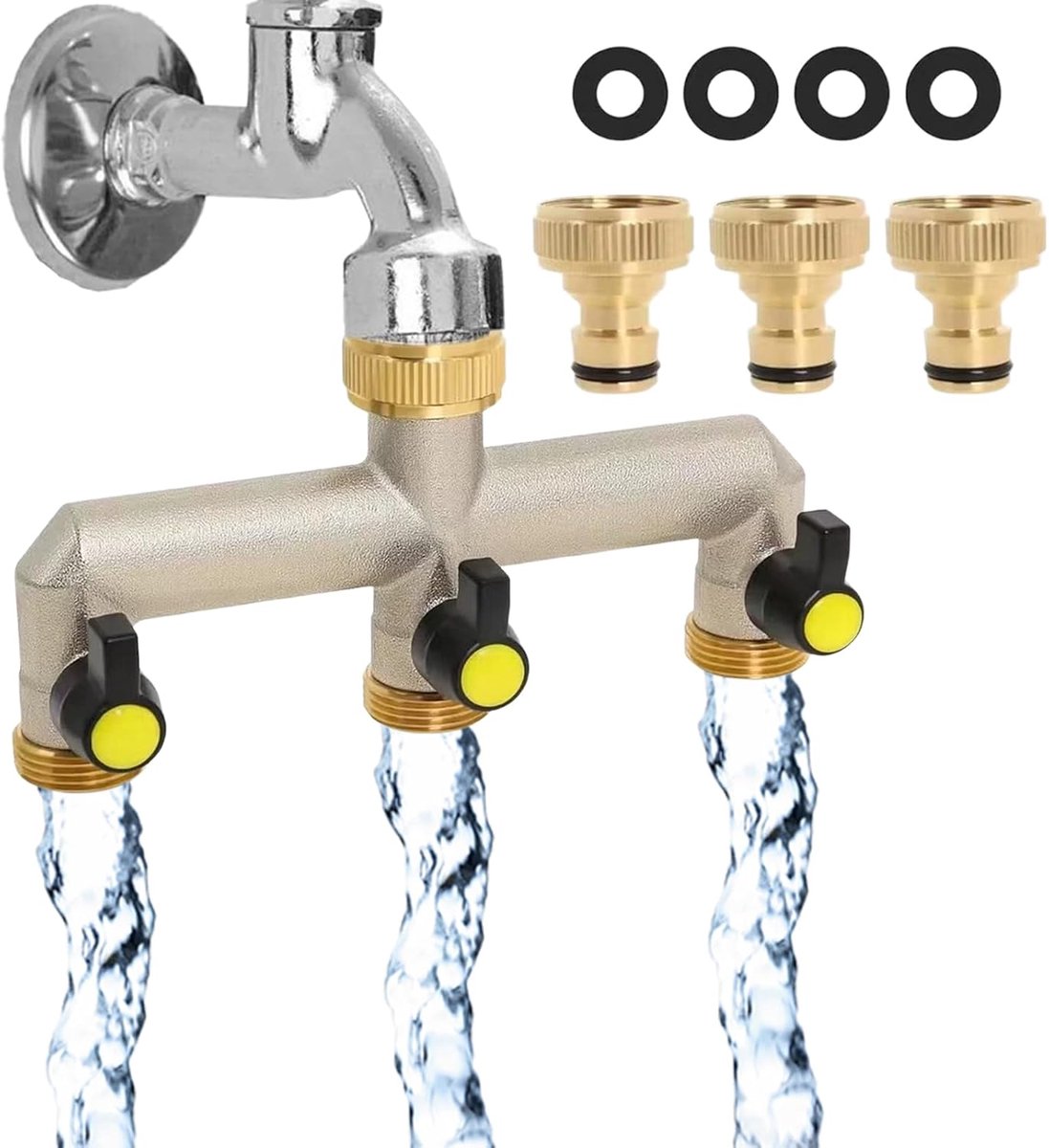 slangsplitter 3-weg tuinkraansplitter, 3/4 inch kraanaansluitingen voor buitenwaterslangen, tuinbewatering, individueel gecontroleerd, sterke afdichting en lekpreventie