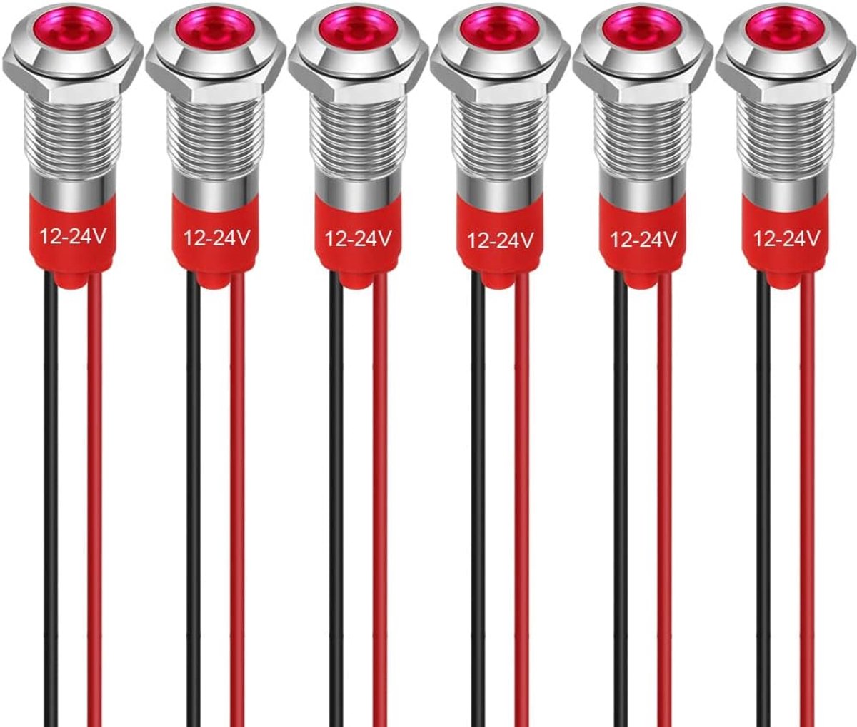 8mm LED-indicatielampje 12-24V Waterdicht Signaallicht Metalen Paneel LED-indicatielampje Paneelmontage Platte Kop met Draden Zilveren Schaal (Rood, 6 stuks)