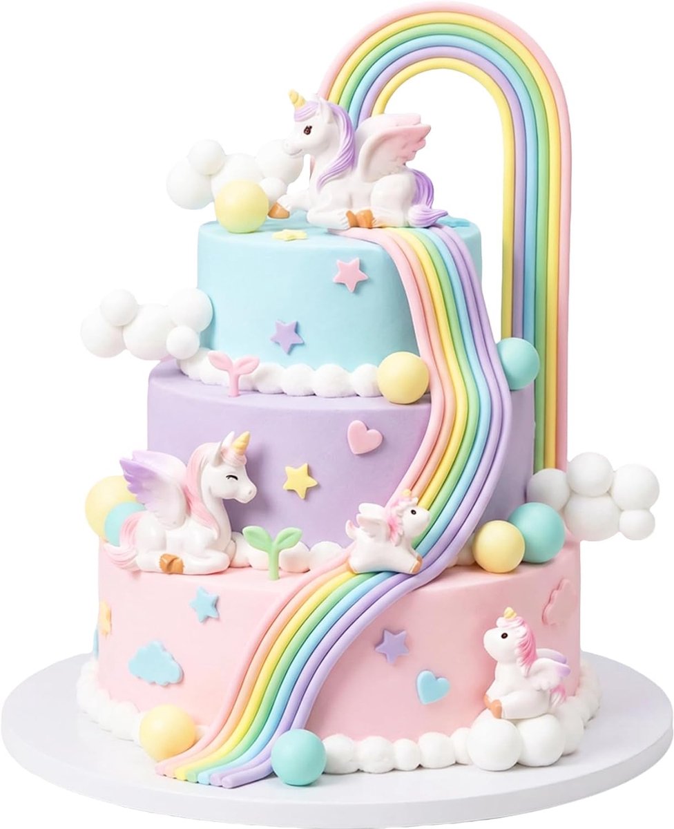 taartdecoratie, eenhoorn taartdecoratie verjaardag meisjes, macaron taartdecoratie, 3D eenhoorns taarttopper, regenboogtaartdecoratie