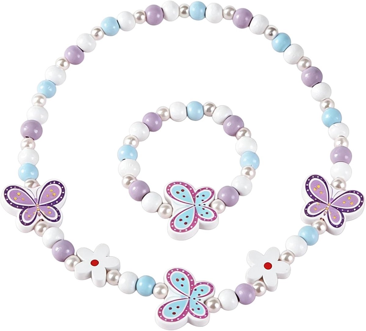 Kindersieradenset voor meisjes, 2-delig, halsketting en armband van hout met vlindermotief, elastische sieraden voor kinderen, kleurrijke accessoireset voor verjaardag, feest en verkleedpartij