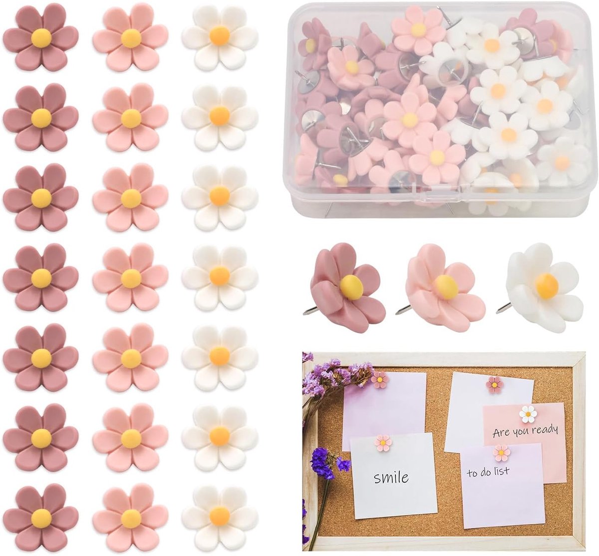 50 stuks bloemennaalden voor kurk, muur en prikbord, 3 kleuren, bloemennaalden voor het ophangen van borden, schattige decoratieve punaises voor kantoor (3 kleuren)