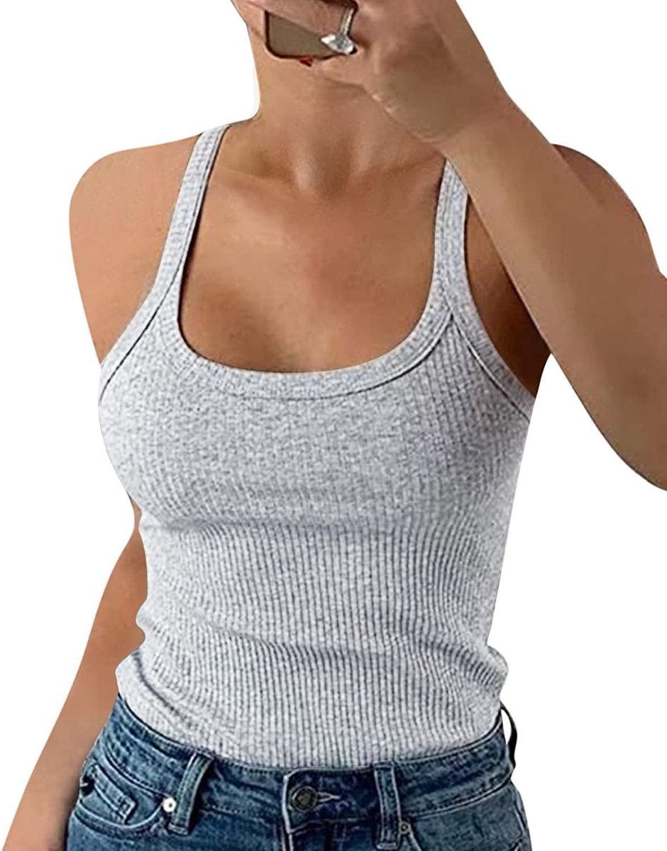 Spaghetti Top voor dames, zomer, 2025, geribbeld, ronde hals, tanktop, basic, effen, slim fit, stretch top
