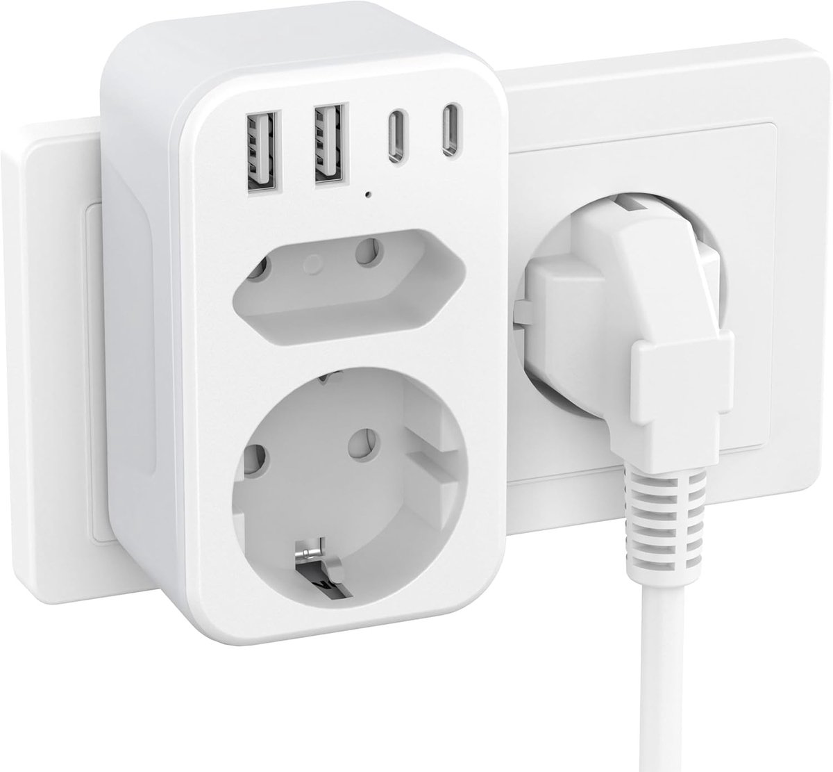 Internationale Stekkeradapter, Reisstekkeradapter, Type B Adapter 3 slots met 2 USB C & 2 USB A (3,4 A 17 W) oplaadpoorten,Wereldwijde Reisadapter-Zwart(EU-US)