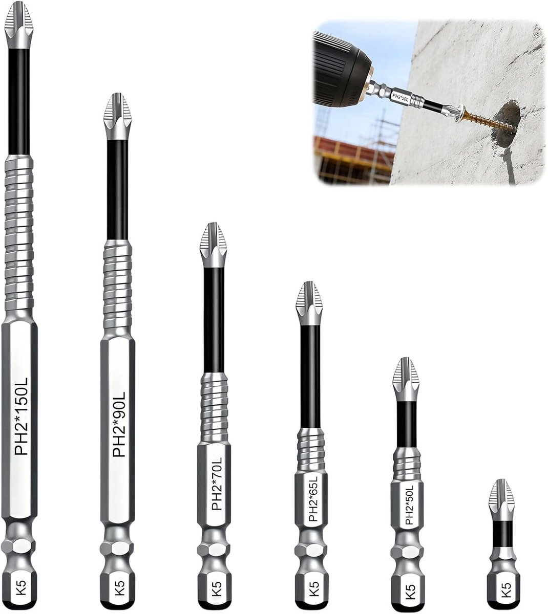 K5-set, slagvaste en antislip bits, K5 anti-slip magneetboorset, antislip bitset voor hoog koppels, ideaal voor professionals en doe-het-zelvers, inclusief 25-50-65-70-90-150 mm