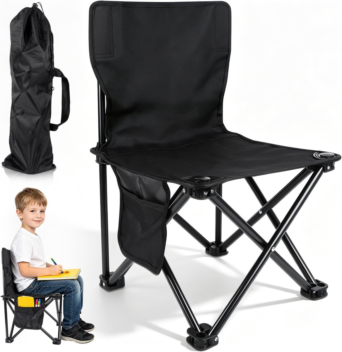 Draagbare campingstoel, inklapbaar, visstoelen tot 150 kg, voor vissen, tuin, camping, reizen, picknick, strand (zwart-3)