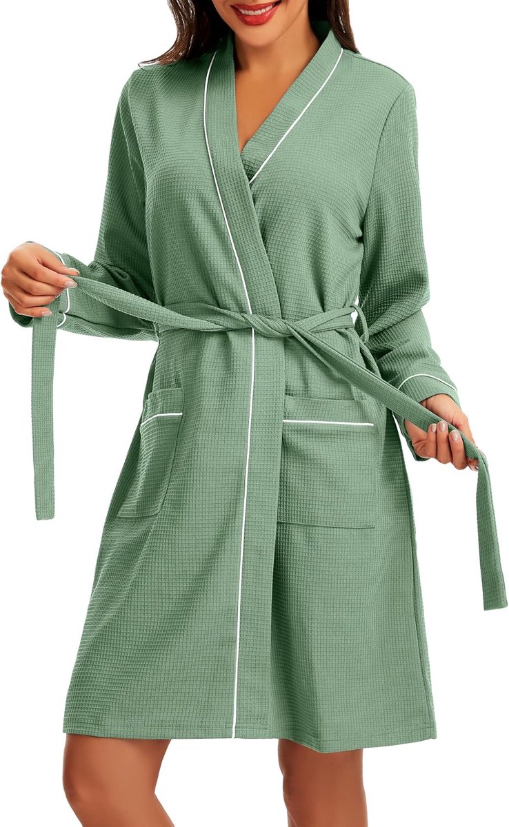 Badjas voor dames, katoen, ochtendjas van reliëf, lange mouwen, kimono, zacht en comfortabel, knielengte, loungewear, V-hals, met riem